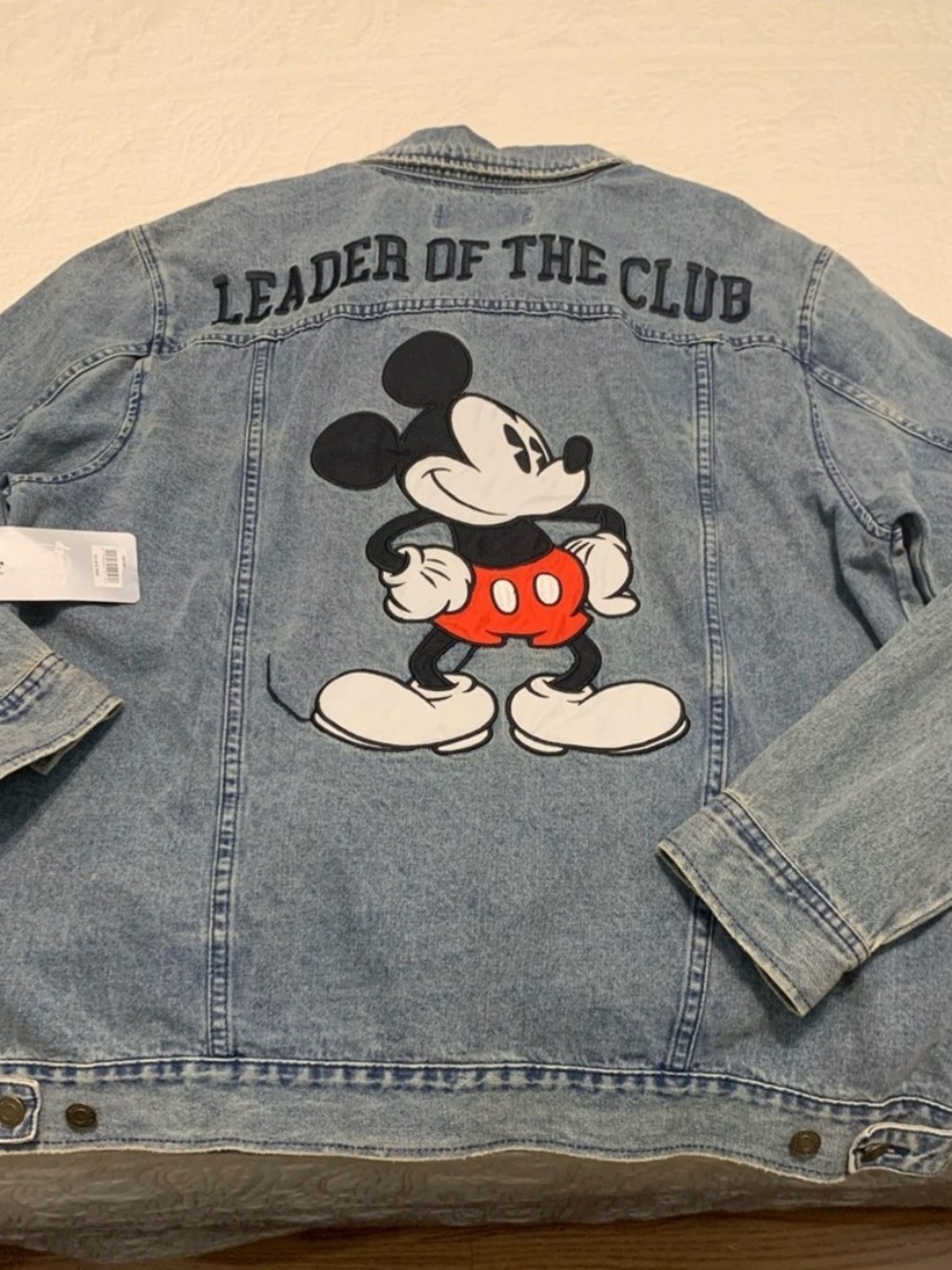 Disney Denim Jacket with Mickey Back Graphic in Light Blue Small Oversized